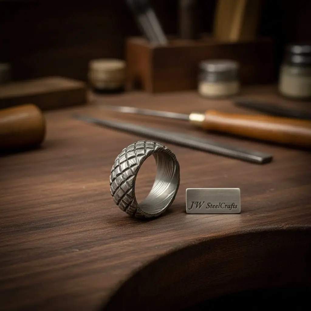 Mens Damascus Steel Wedding Band Basket Weave Pattern Handmade Ring 1