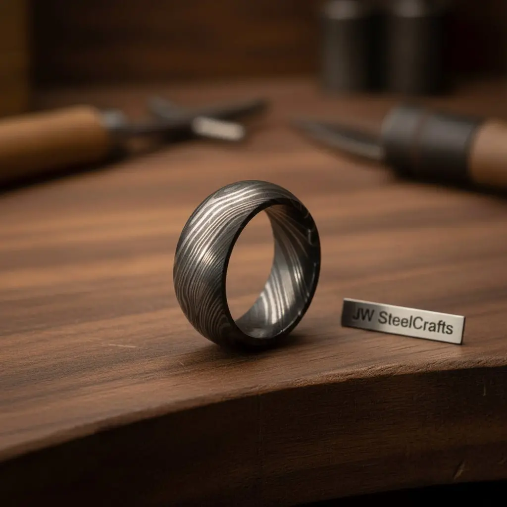 Mens Damascus Steel Wedding Band Classic Domed Comfort Fit Ring 1