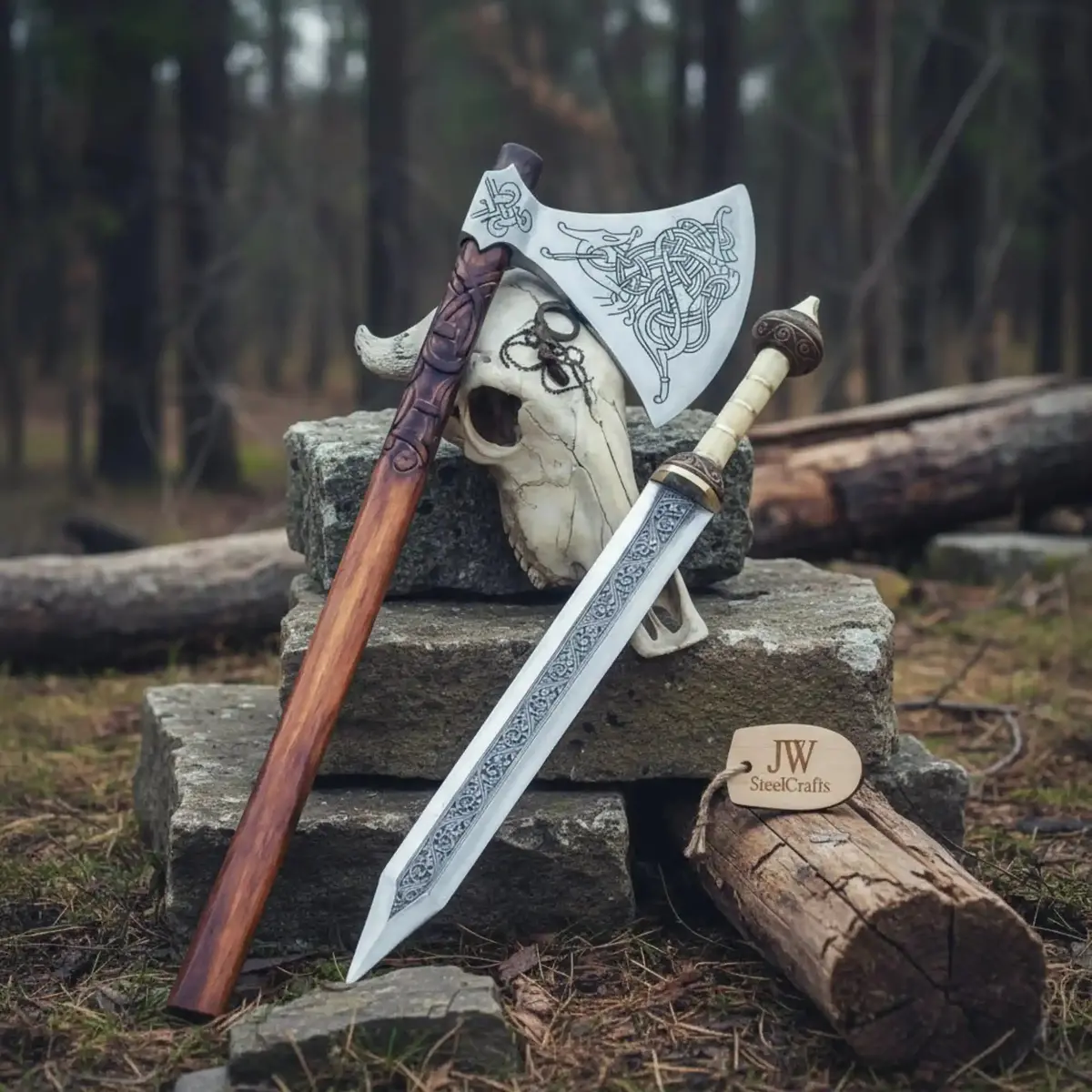 Custom Handmade Stainless Steel  Double Handed Viking Axe Set With Handmade Gladius Piece 1