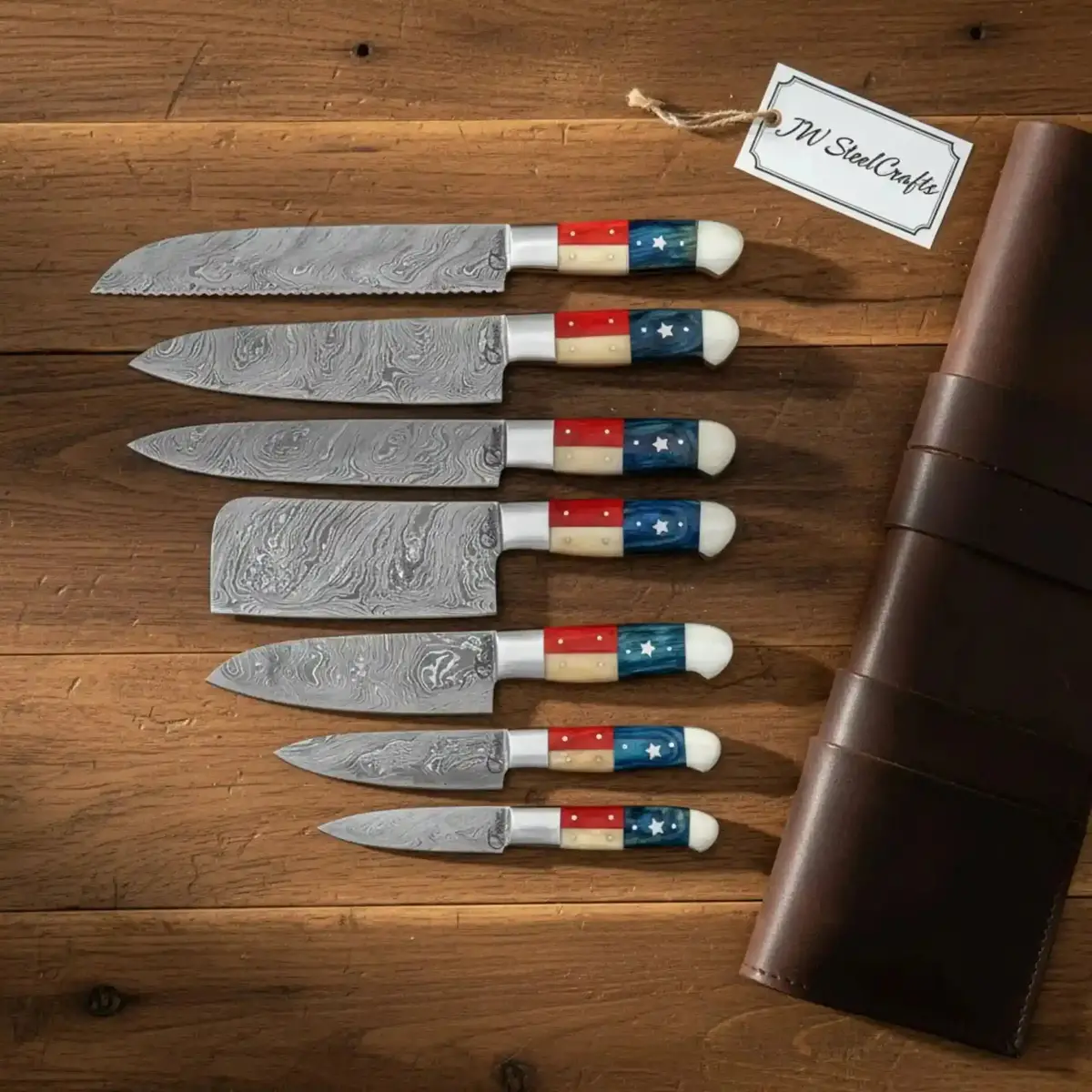 Damascus Kitchen Knife Set | Texas Flag Pakka Wood And Camel Bone Handles | Jw Steelcrafts 1