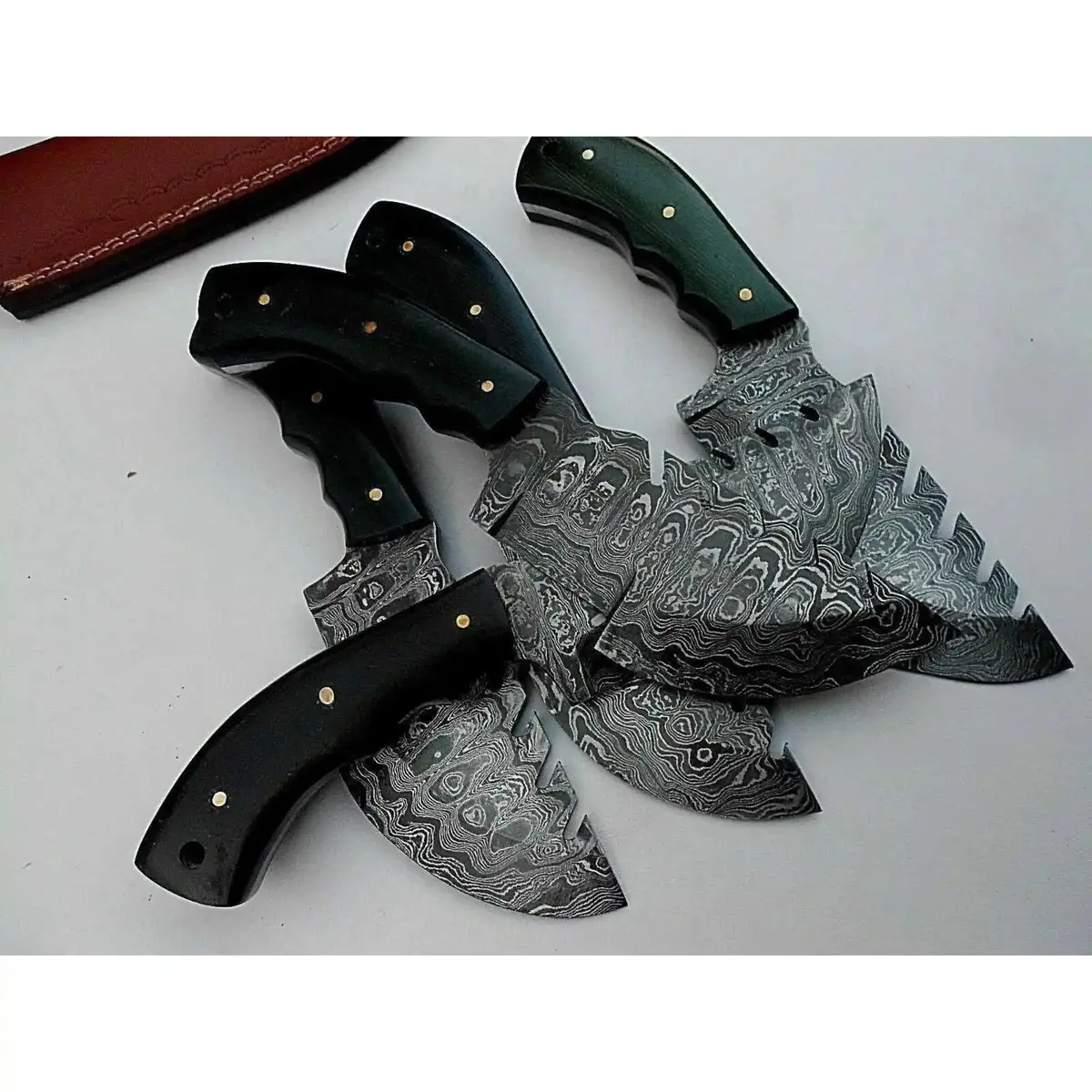 Custom Pattern-Welded Damascus Tracker Knives Collection (5 Knives) — Bushcraft & Survival Set 1