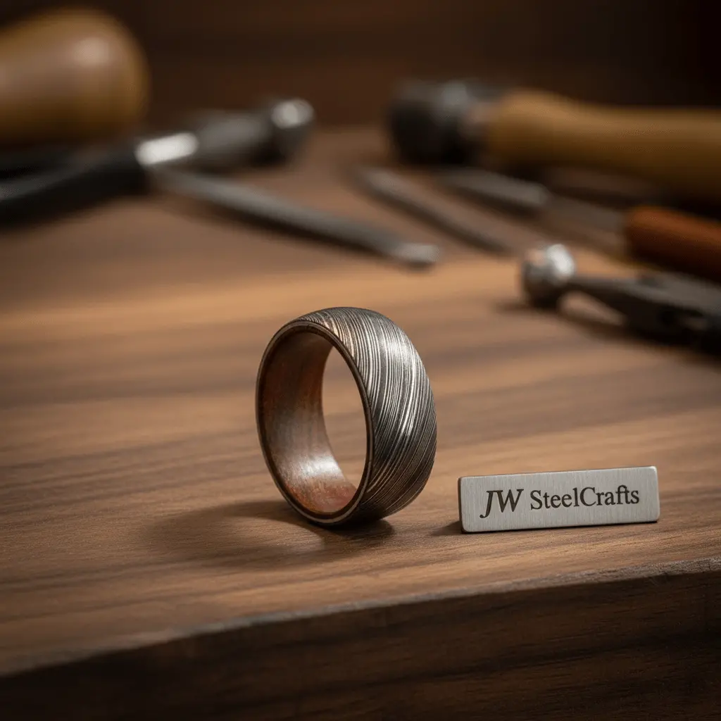 Mens Damascus Steel Wedding Band With Wood Liner Handmade Ring 1
