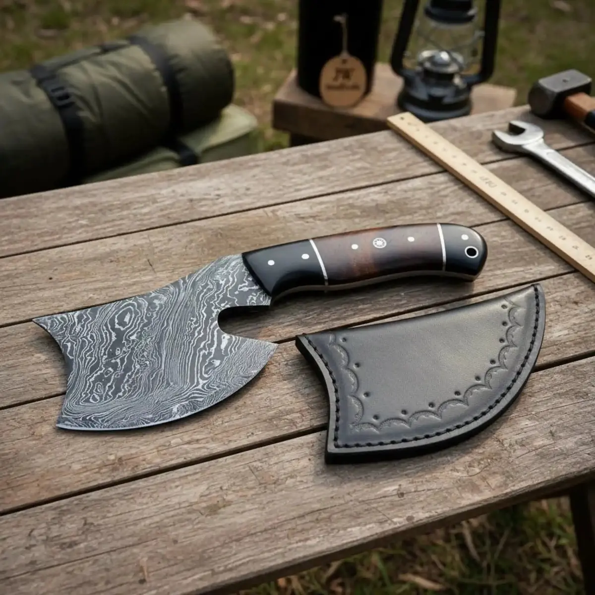 Damascus Bearded Hatchet With Contoured Full Tang Handle 1