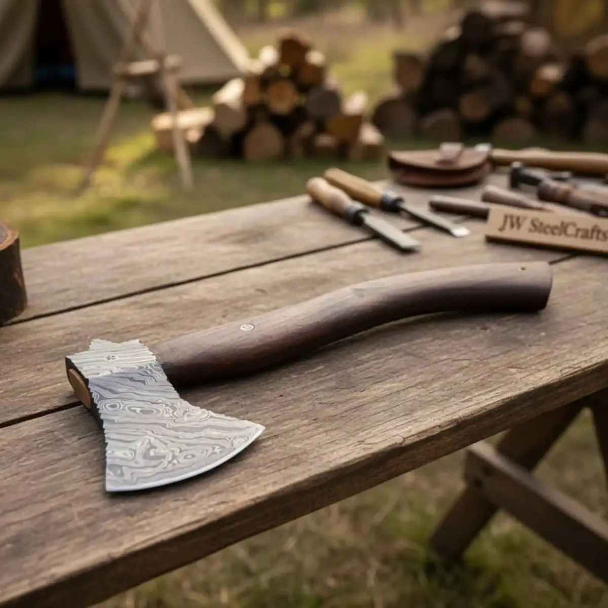 Handmade Damascus Camp Axe With Mosaic Pin And Rosewood Handle 1