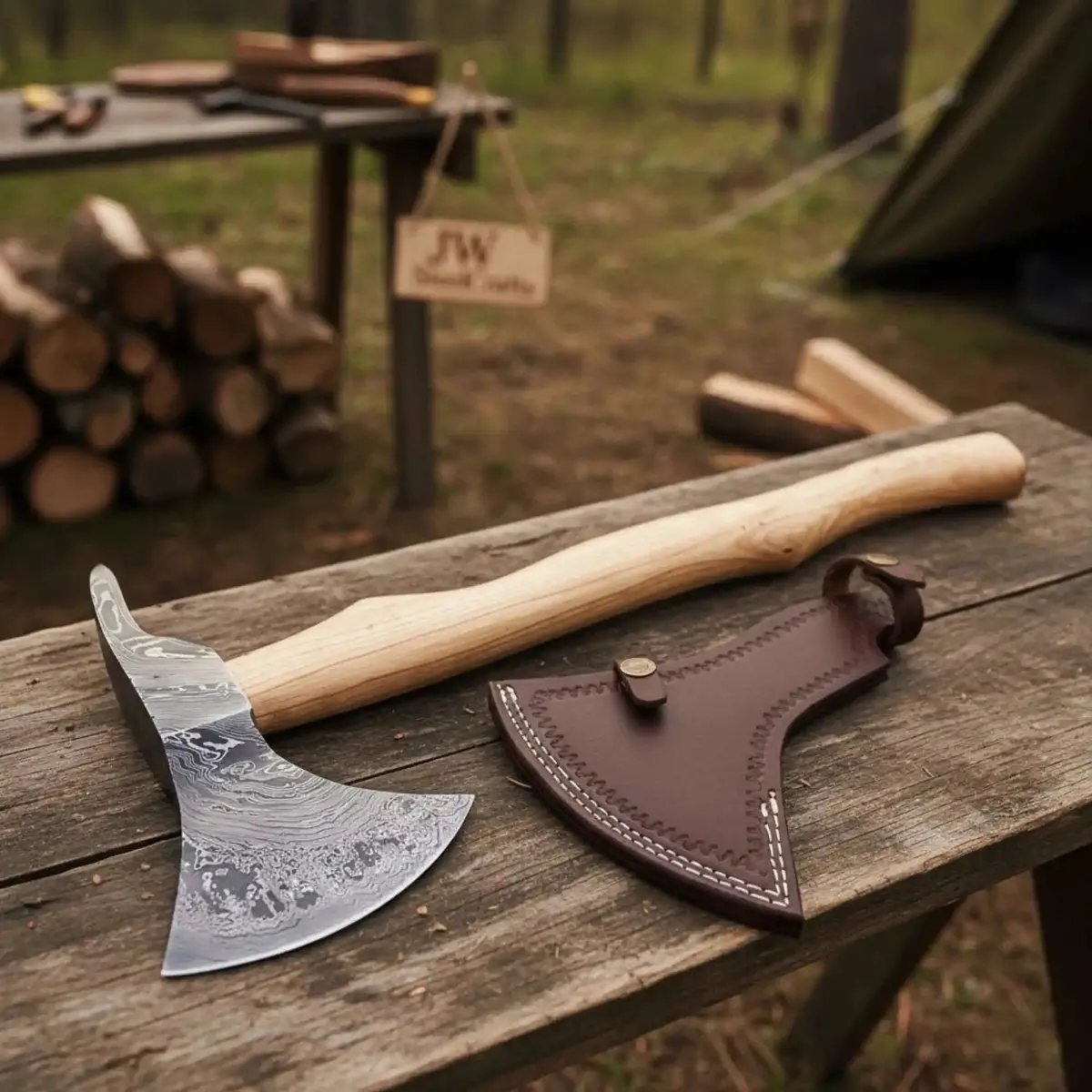 Damascus Camping Axe With 22 Inch Ash Handle – Hand Forged Bushcraft Axe With Leather Sheath | Jw Steelcrafts 1