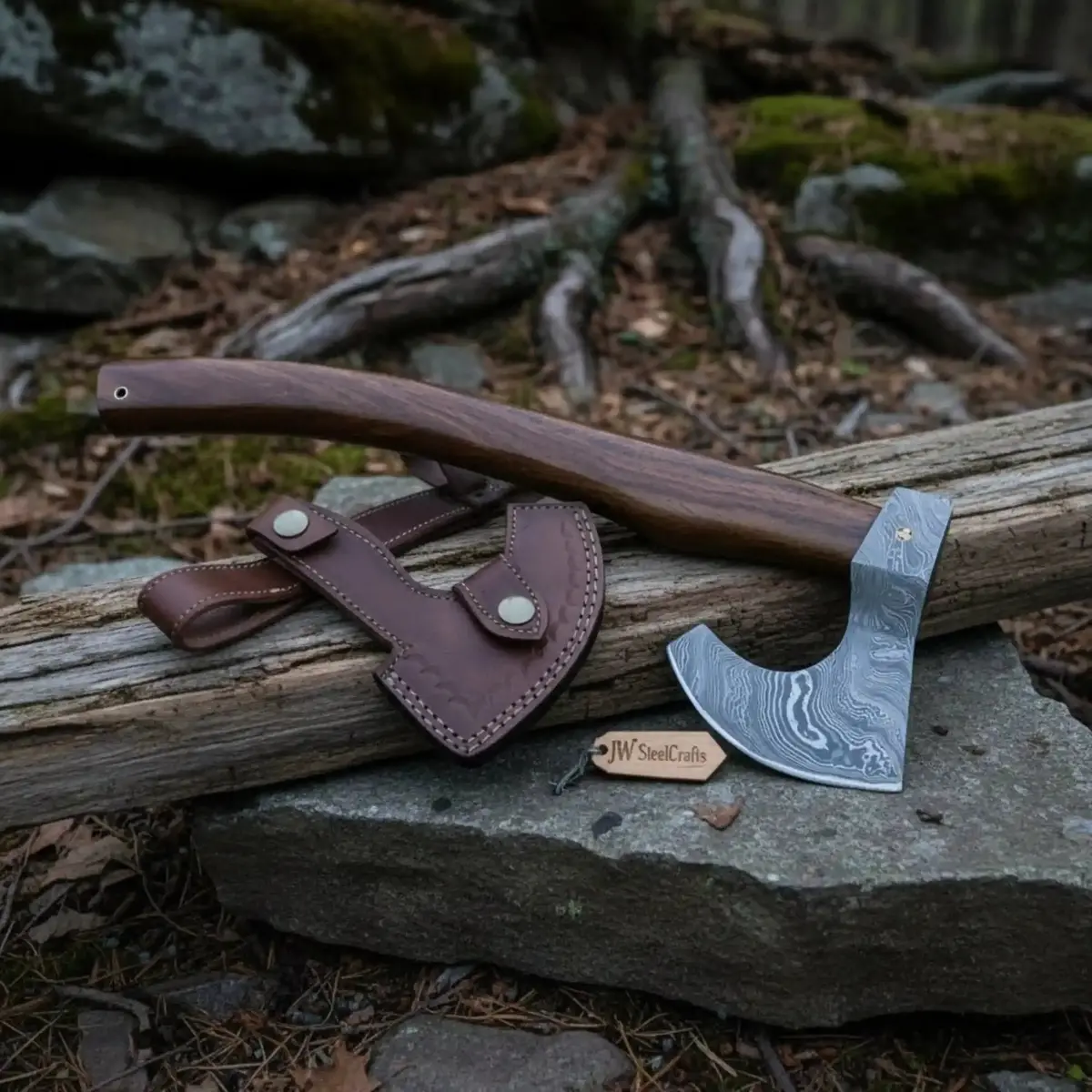 Damascus Camping Axe With Curved Rosewood Handle – Hand Forged Bushcraft Axe With Leather Sheath | Jw Steelcrafts 1