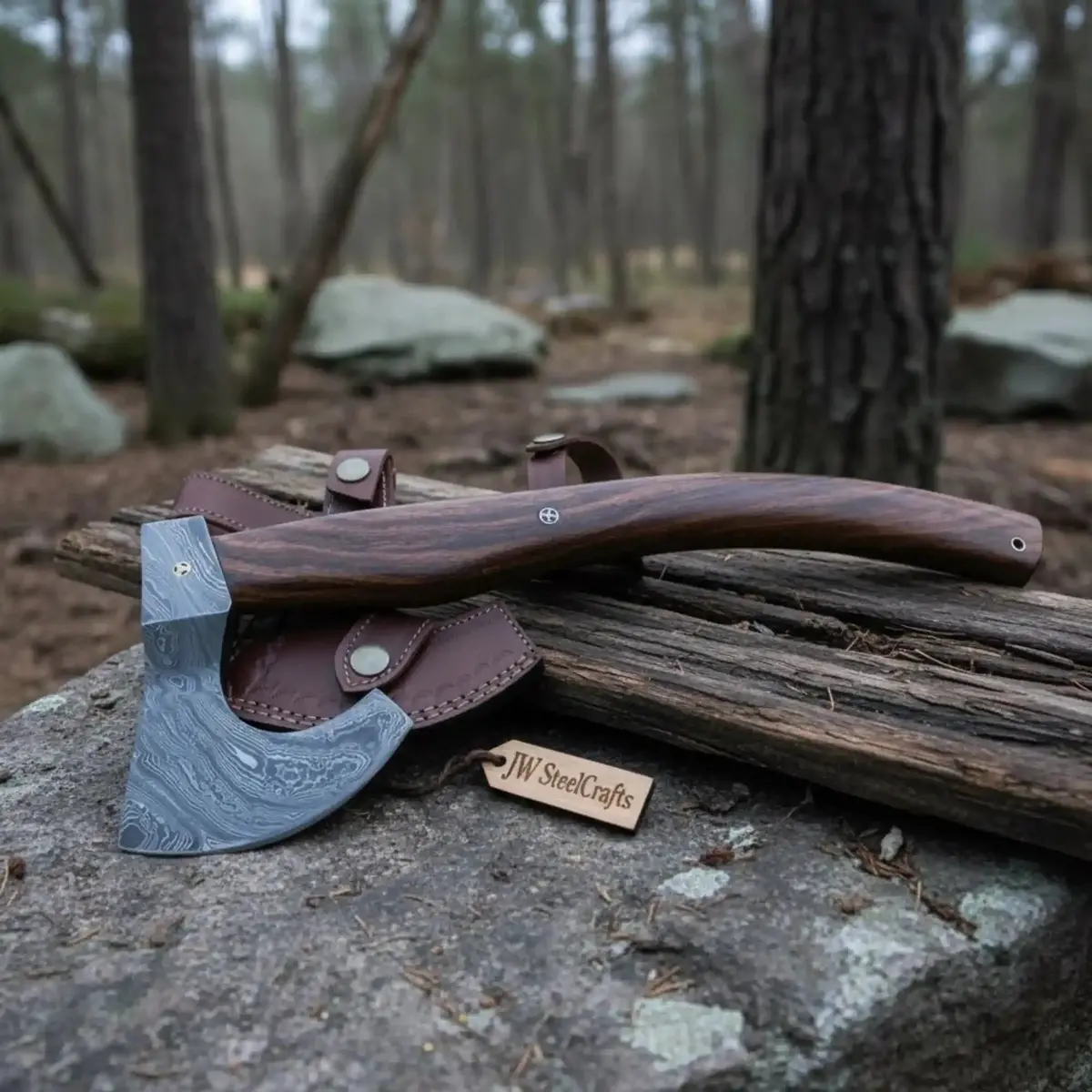 Damascus Camping Axe With Curved Rosewood Handle – Hand Forged Bushcraft Axe With Leather Sheath | Jw Steelcrafts 2