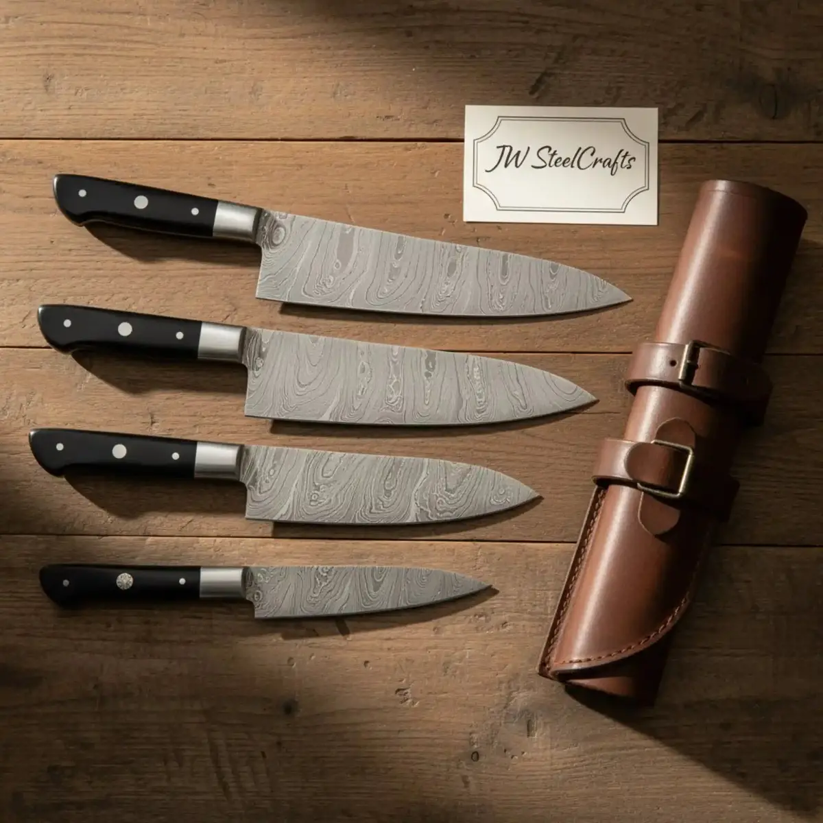 Damascus Carving Slicer Knife Set — Black Resin Handle, Steel Bolster, Hand-Forged Blade 1