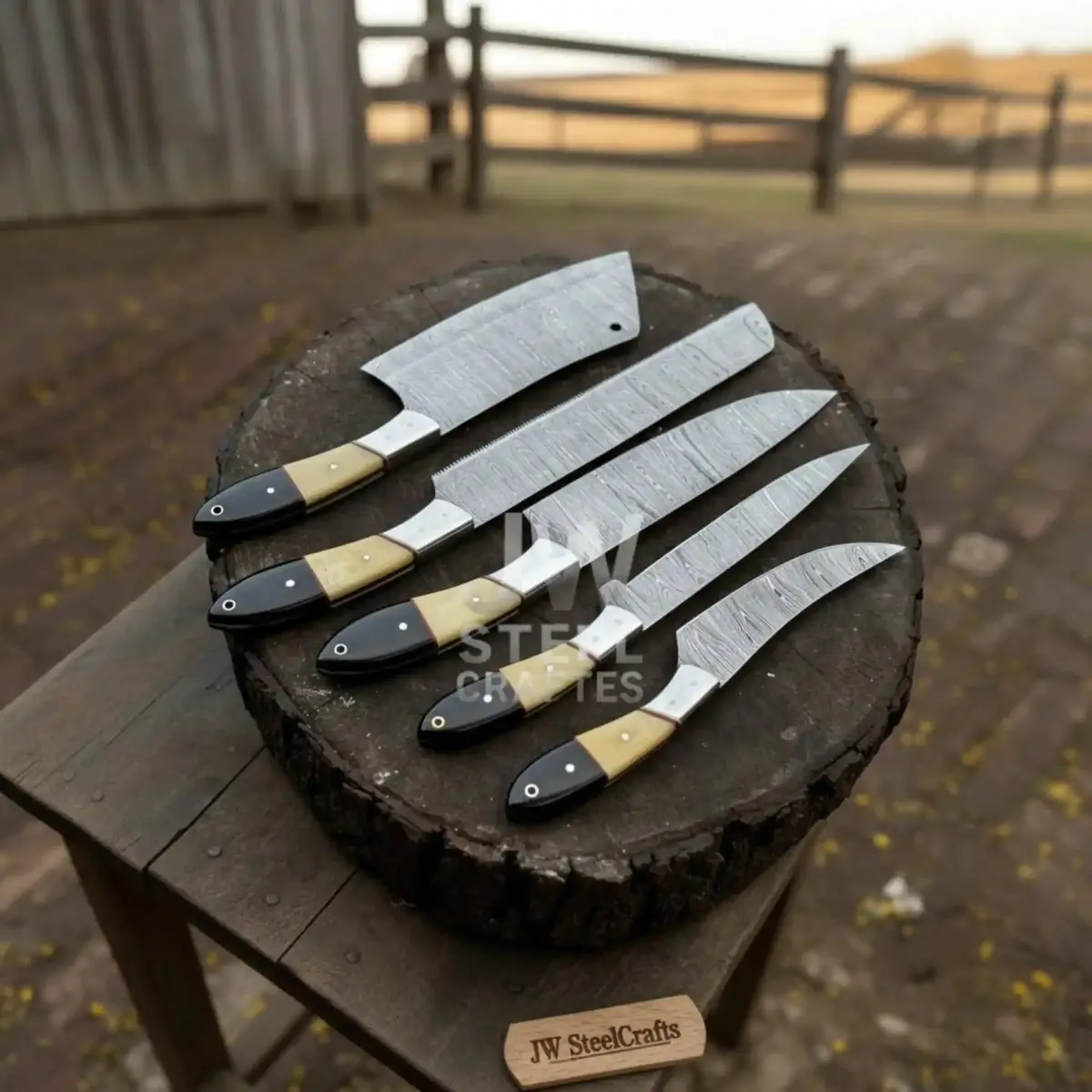 Damascus Chef Knife Set – 5-Piece Camel Bone & Black Micarta Handle Collection 1