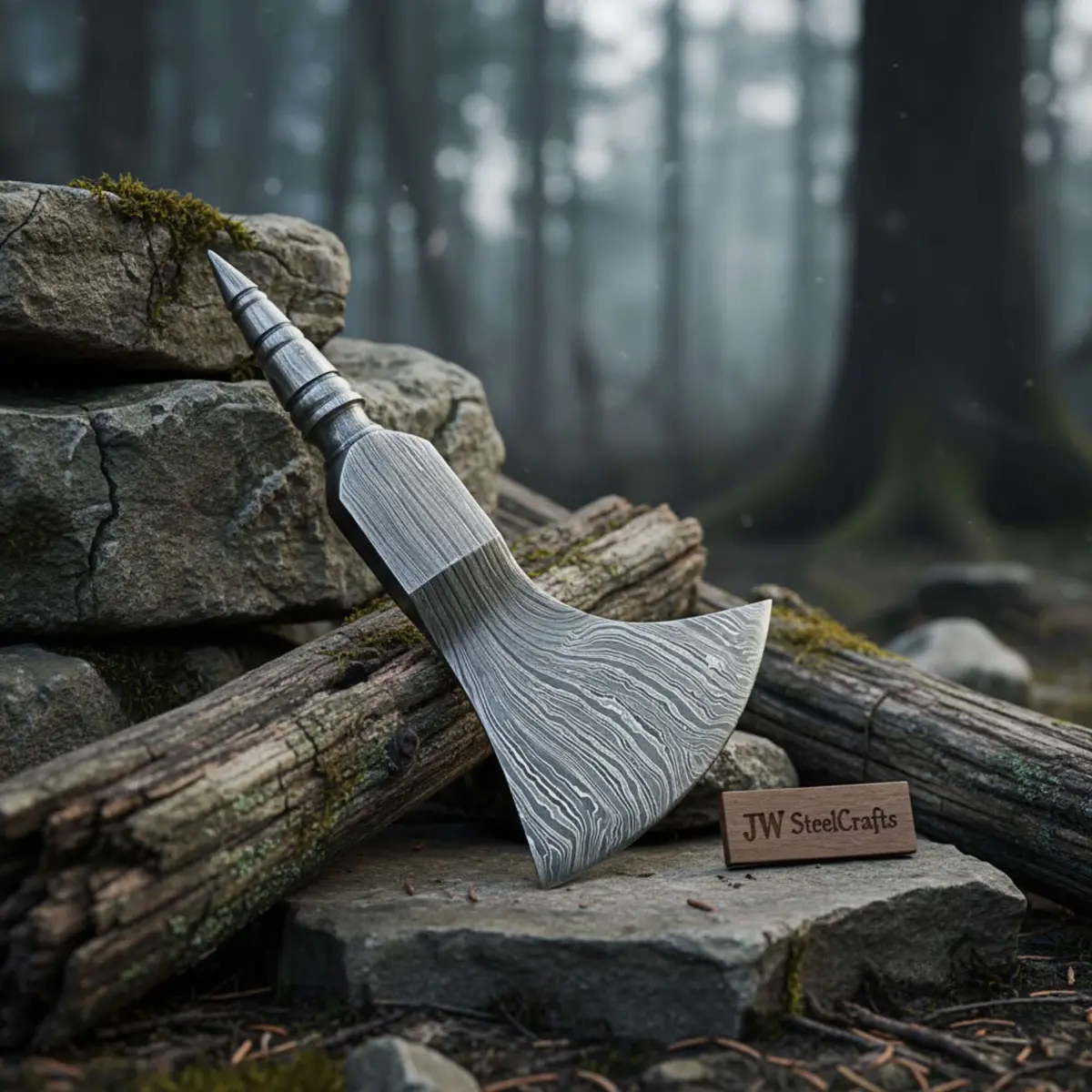 Damascus Crescent Camp Axe Head With Deep Sweep Edge 1