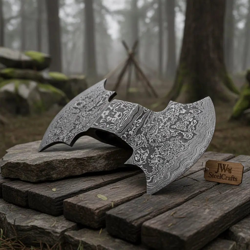 Damascus Double-Bit Axe Head – Fantasy Crescent Pattern 1