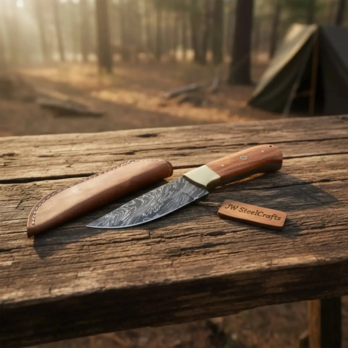 Damascus Drop Point Hunting Knife Olive Wood Handle Fixed Blade 1
