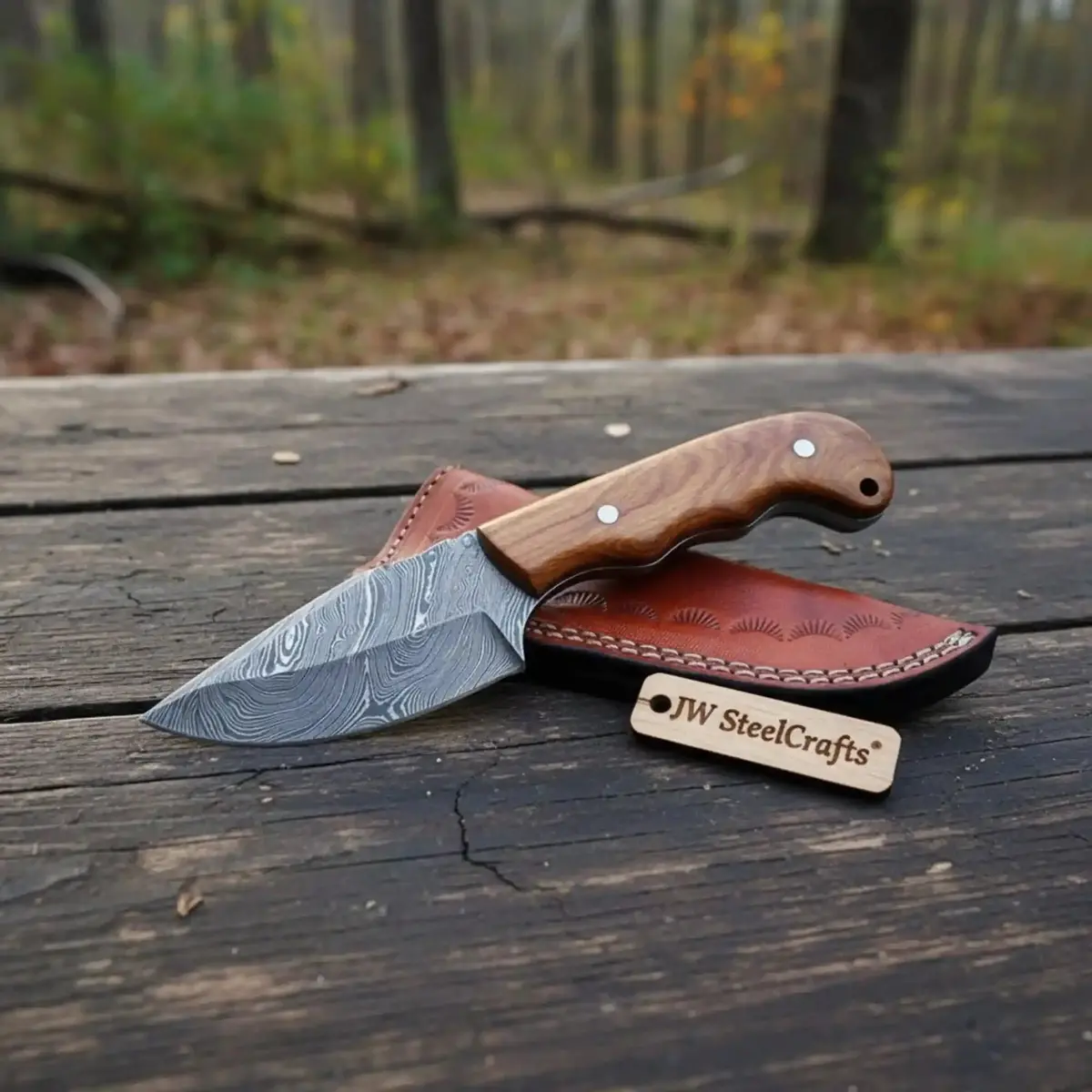 Damascus Drop Point Skinner Knife 3 Inch Blade Rosewood Handle Fixed Blade With Leather Sheath 1