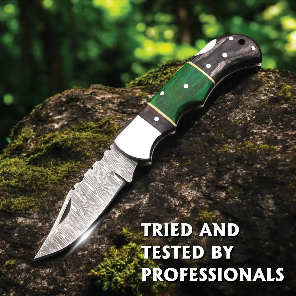 Damascus Folding Knife | Green & Black Dyed Wood Handle | Pocket Knife 1