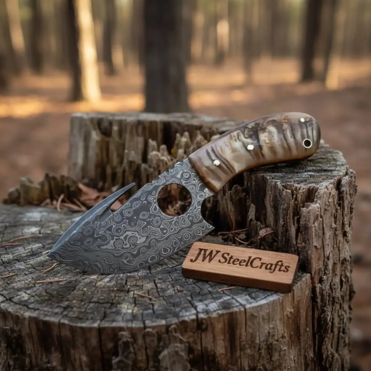 Damascus Gut Hook Skinner Knife Raindrop Pattern | Two Handle Options 1