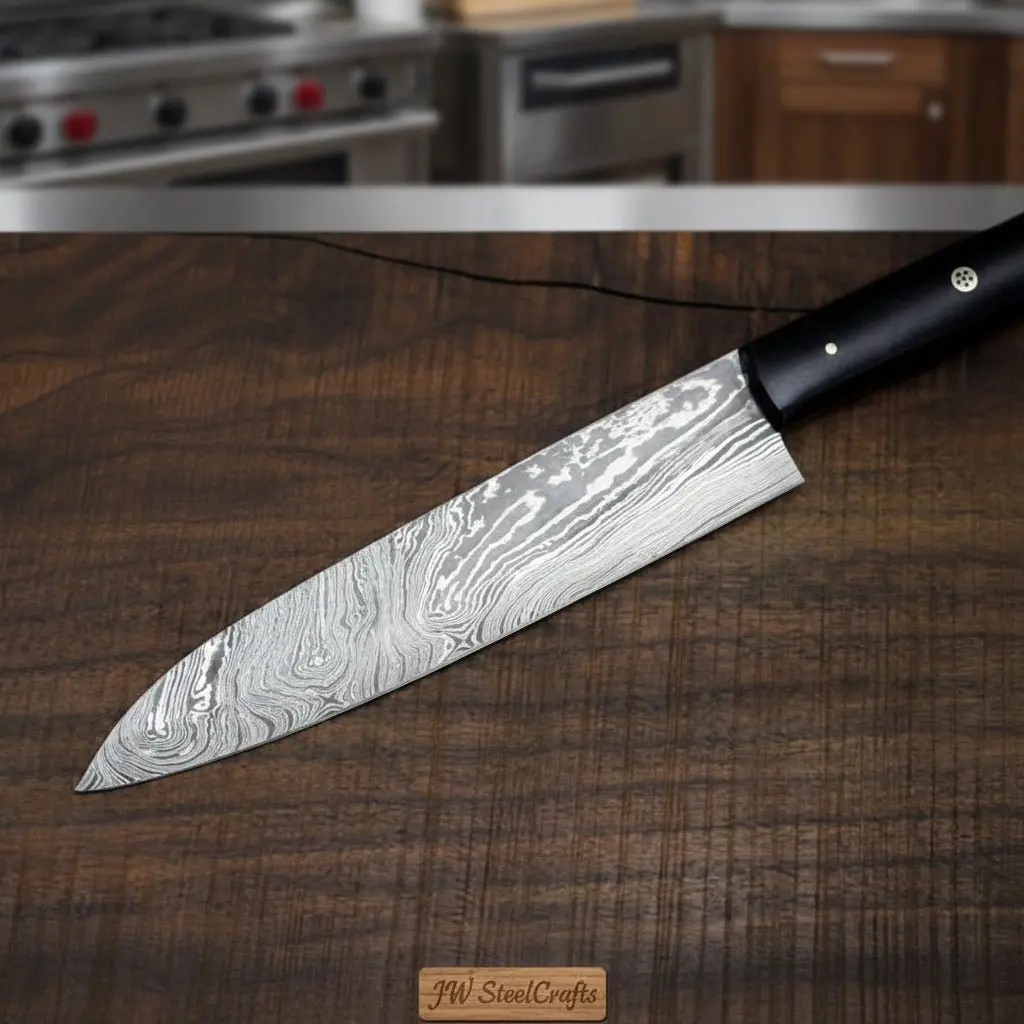 Handmade Japanese Damascus Knife Set, Chef Gyuto And Petty Utility Knives, Black Handle 2