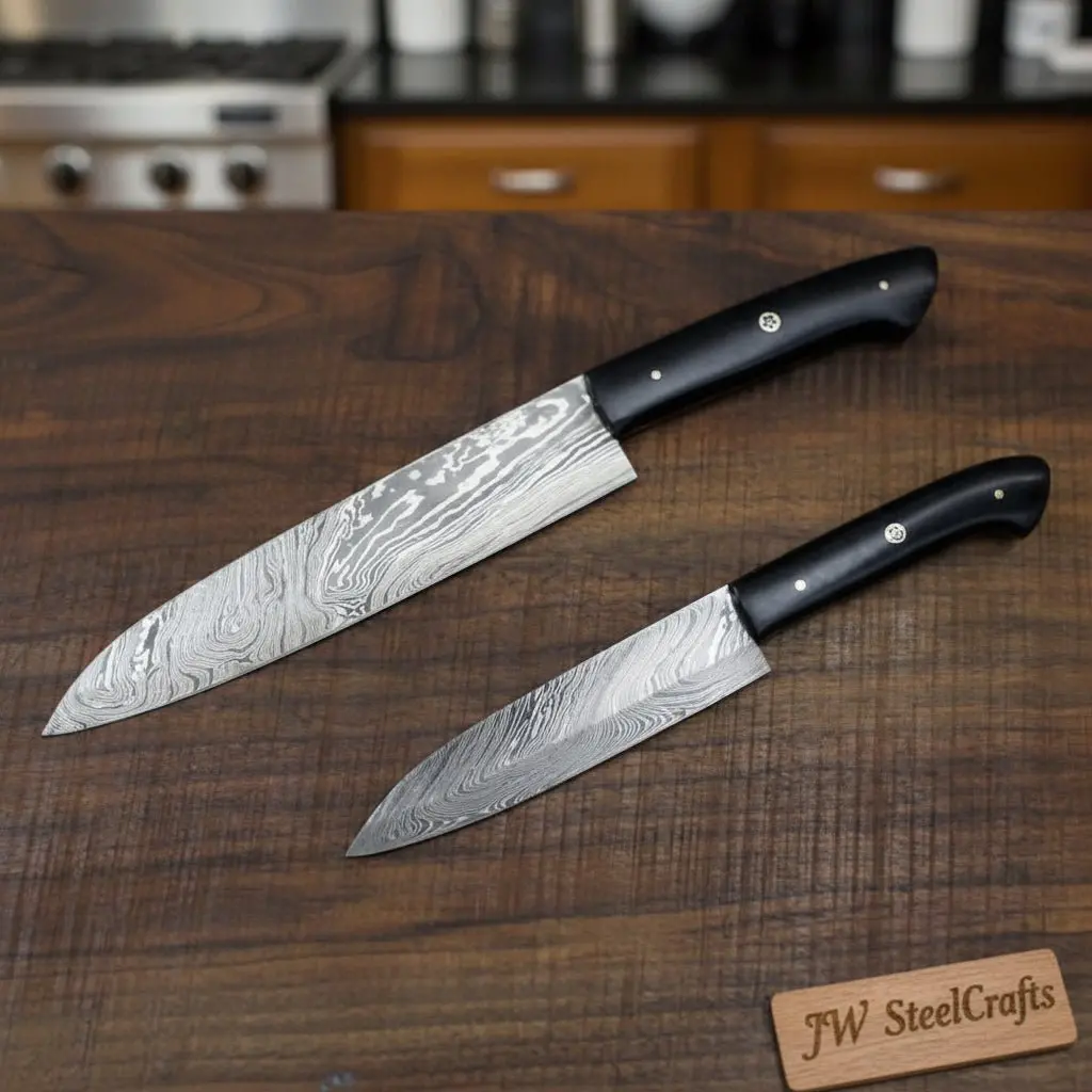 Handmade Japanese Damascus Knife Set, Chef Gyuto And Petty Utility Knives, Black Handle 1