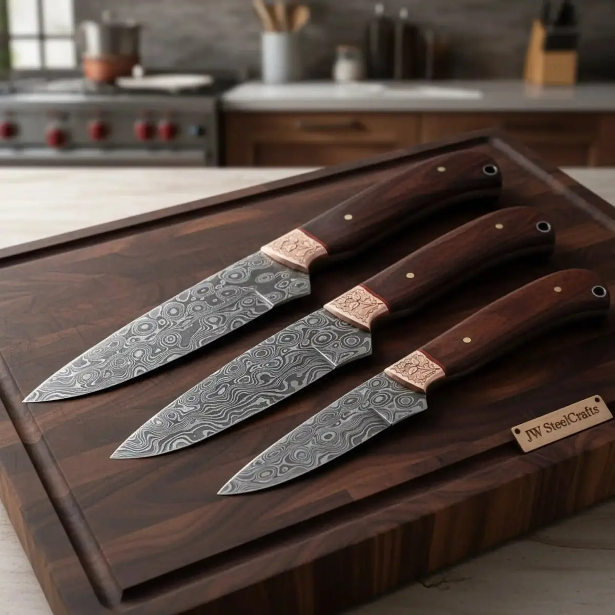 Handmade Damascus Steel Kitchen Knife Set With Engraved Bolsters And Rosewood Handles By Jw Steel 1