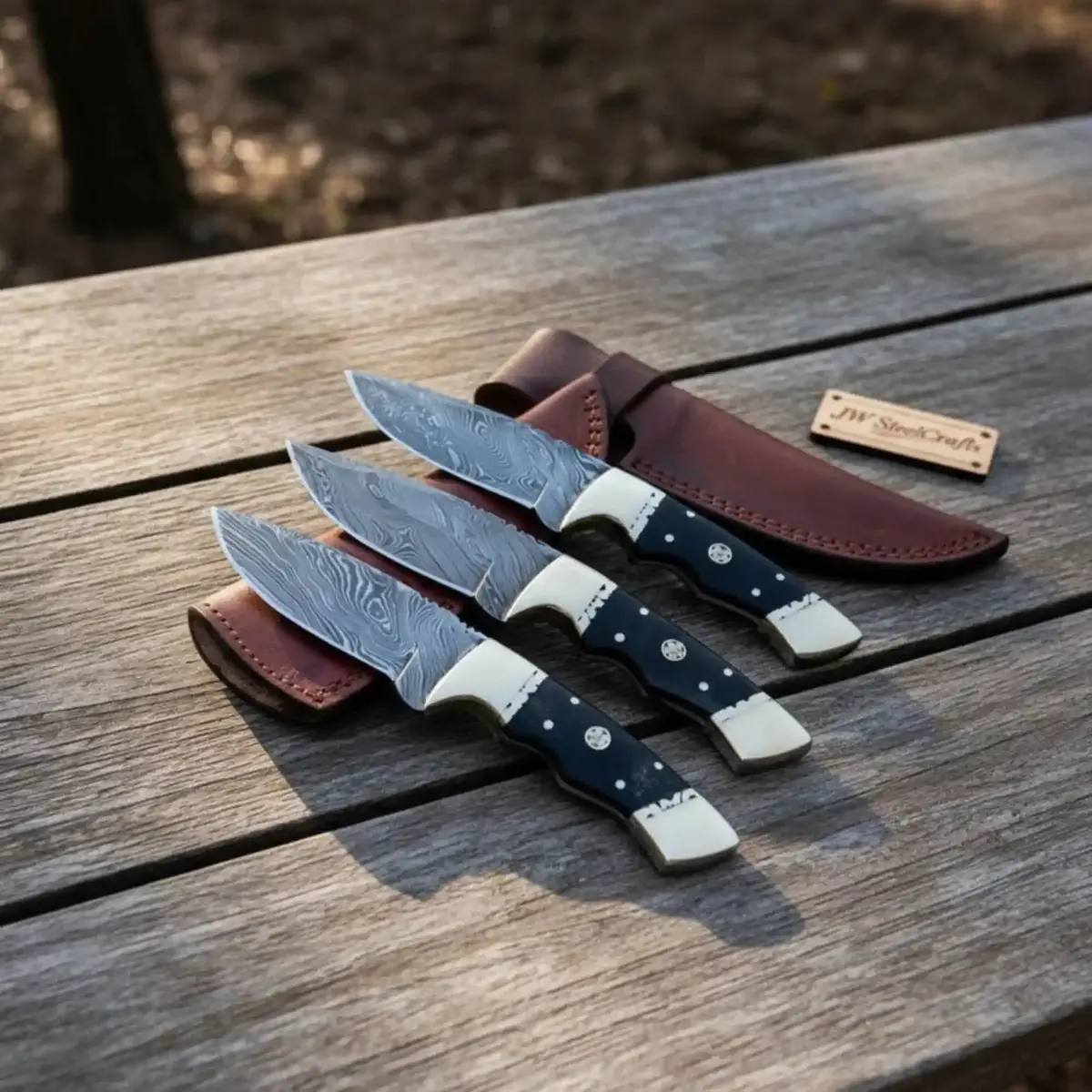 Damascus Hunting Knife Set Brass And Black Micarta Handle Fixed Blade Trio 1