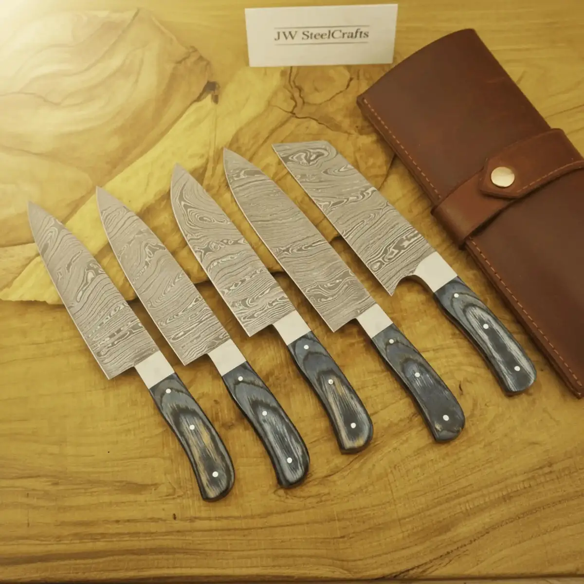 5-Piece Damascus Japanese-Style Knife Set — Chef, Santoku, Utility, Nakiri, Paring Blades 1