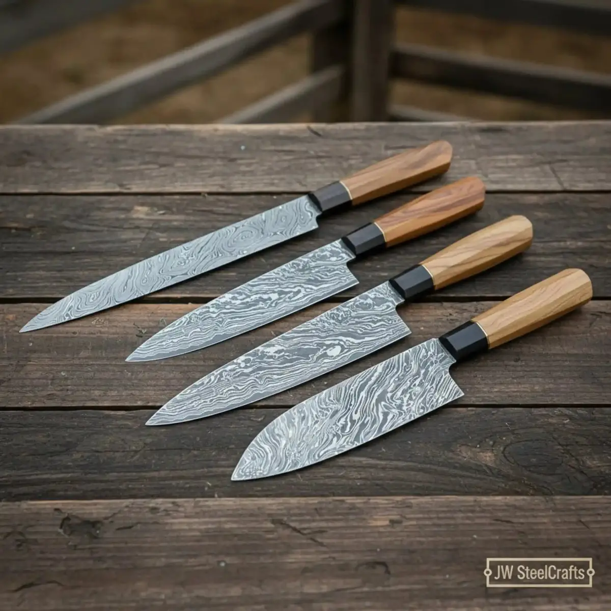 Damascus Knives Sujihiki, Gyuto, Santoku & Nakiri Set – Olive Wood Handles 1