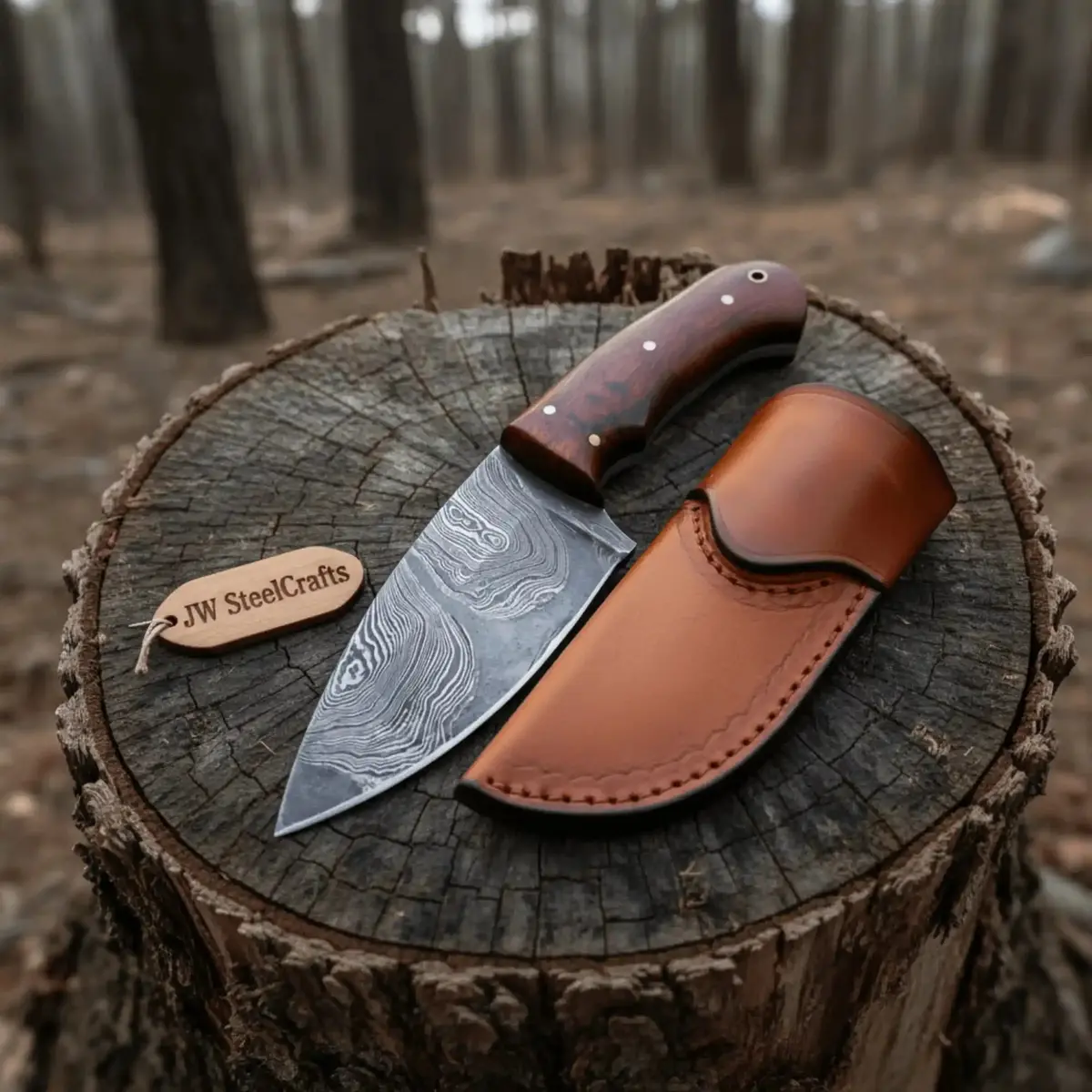 Damascus Skinner Knife 6” Fixed Blade Rose Wood Handle 1
