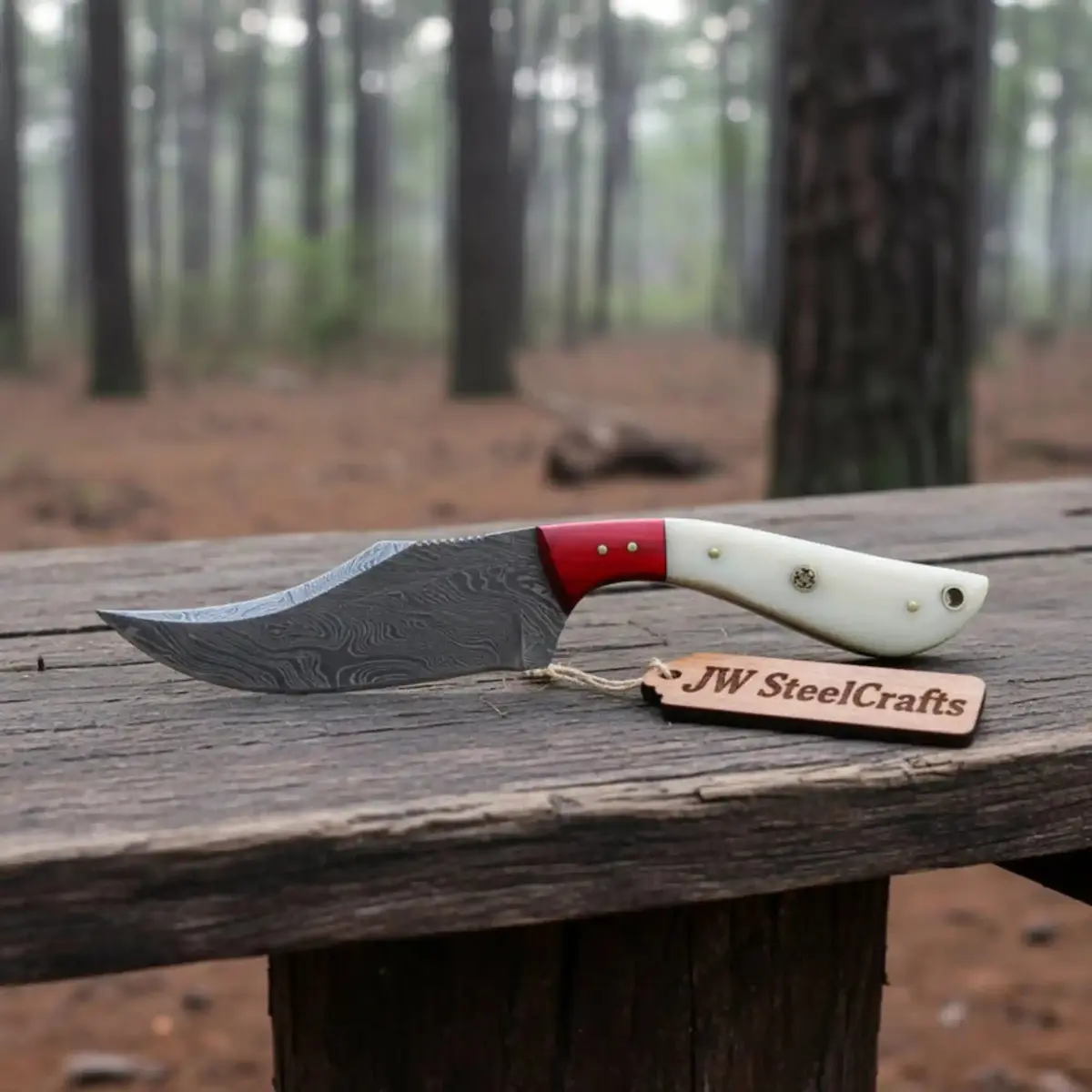 Damascus Skinner Knife Bone Red Pakka 6” Overall 1