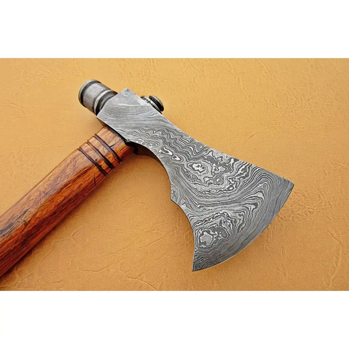Damascus Smoking Axe With Leather Sheath And Ringed Rosewood Handle 1