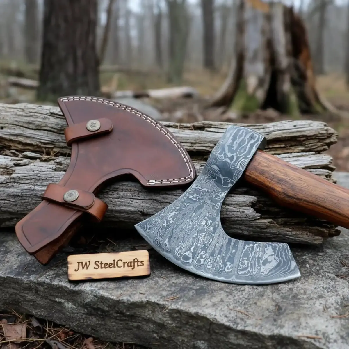 Damascus Steel Camp Axe With 19 Inch Rosewood Handle, Handmade Bushcraft Hatchet With Leather Sheath 1