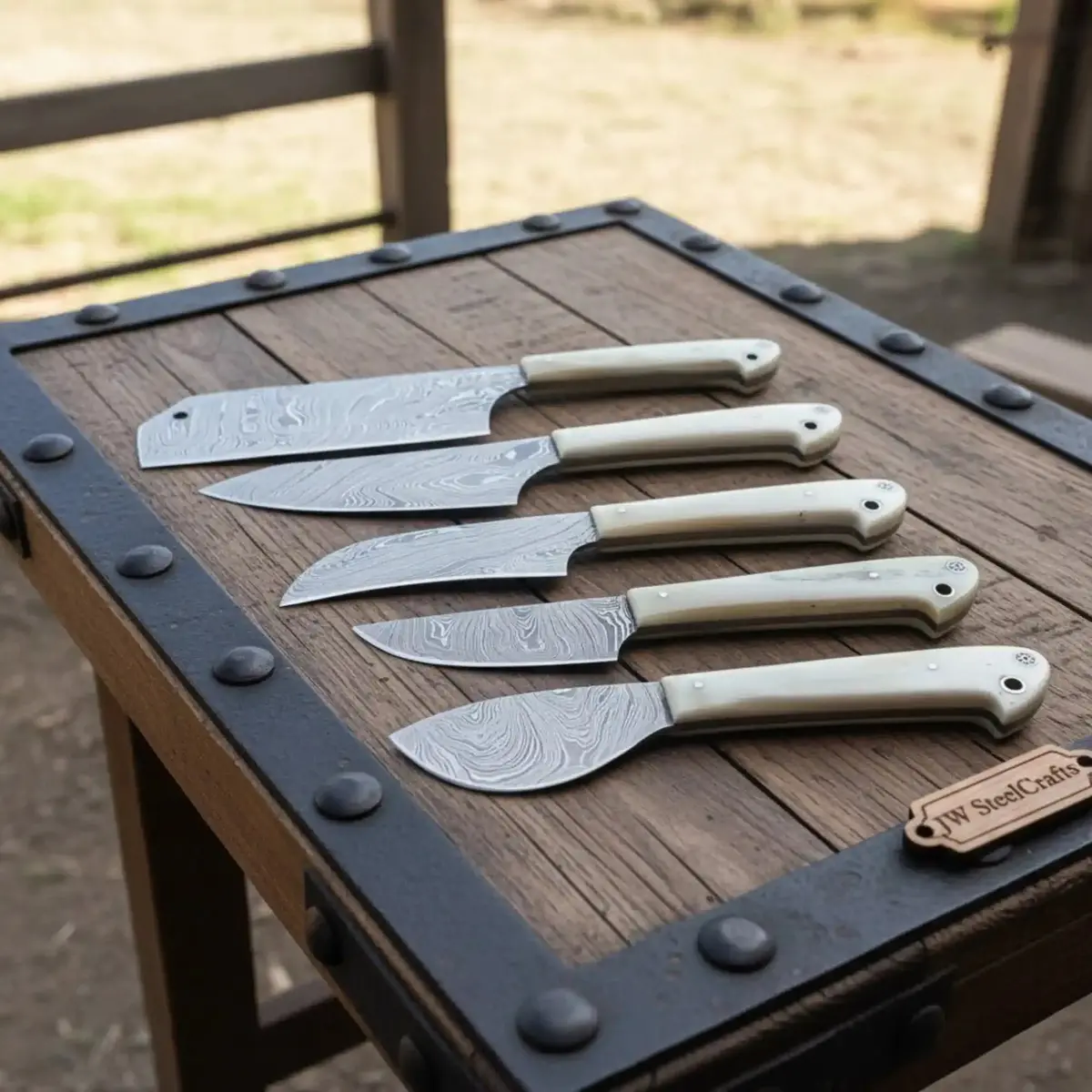 Damascus Steel Chef Knife Set With White Resin Handles - Full Tang Professional Kitchen Knives 1