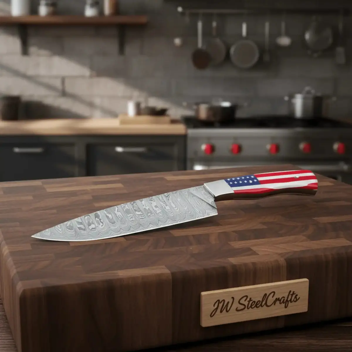 Damascus Steel Chef Knife With Usa Flag Handle | Handmade Kitchen Knife 1