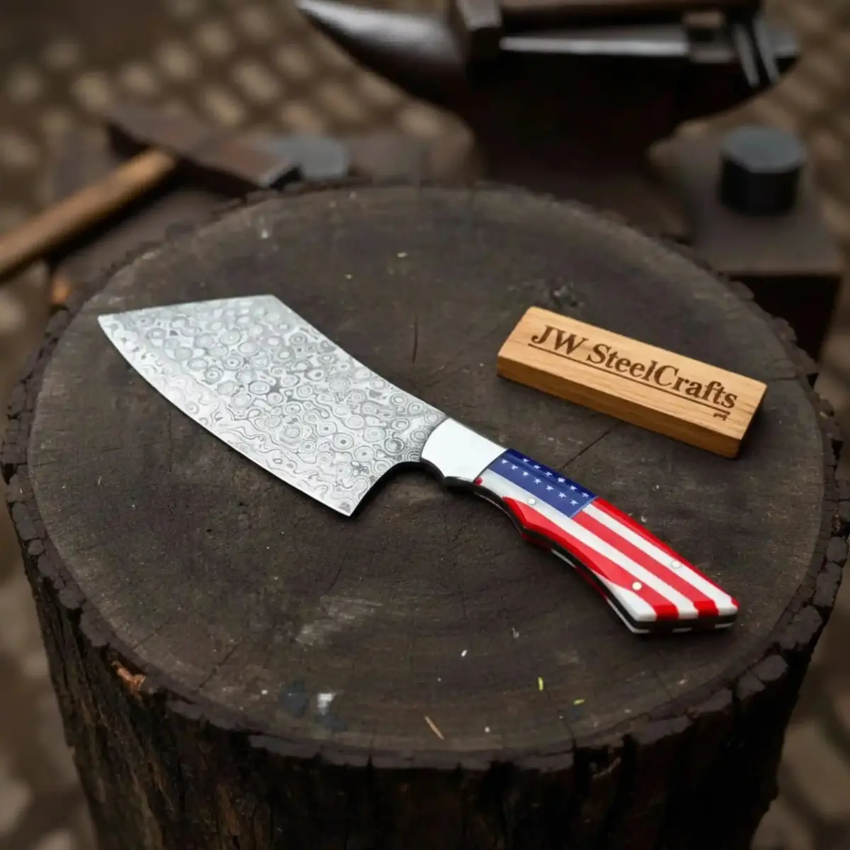 Damascus Steel Cleaver Knife With Usa Flag Resin Handle | Handmade Kitchen Utility Knife 1