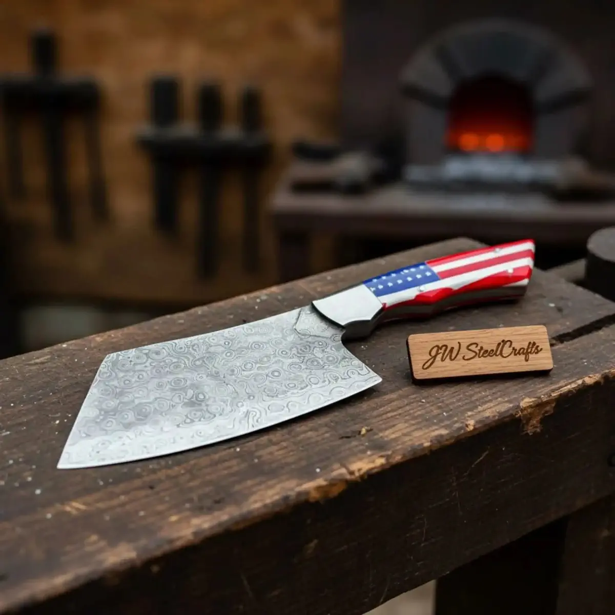 Damascus Steel Cleaver Knife With Usa Flag Resin Handle | Handmade Kitchen Utility Knife 2