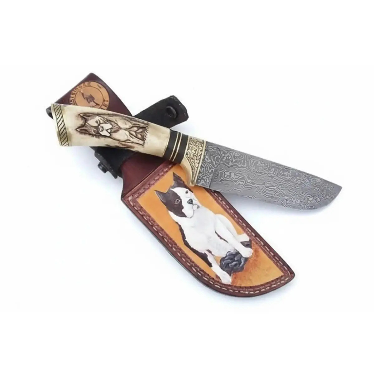 Damascus Steel Dog Engraved Bone Handle Hunting Skinner Knife – 10 Inch Overall L 1