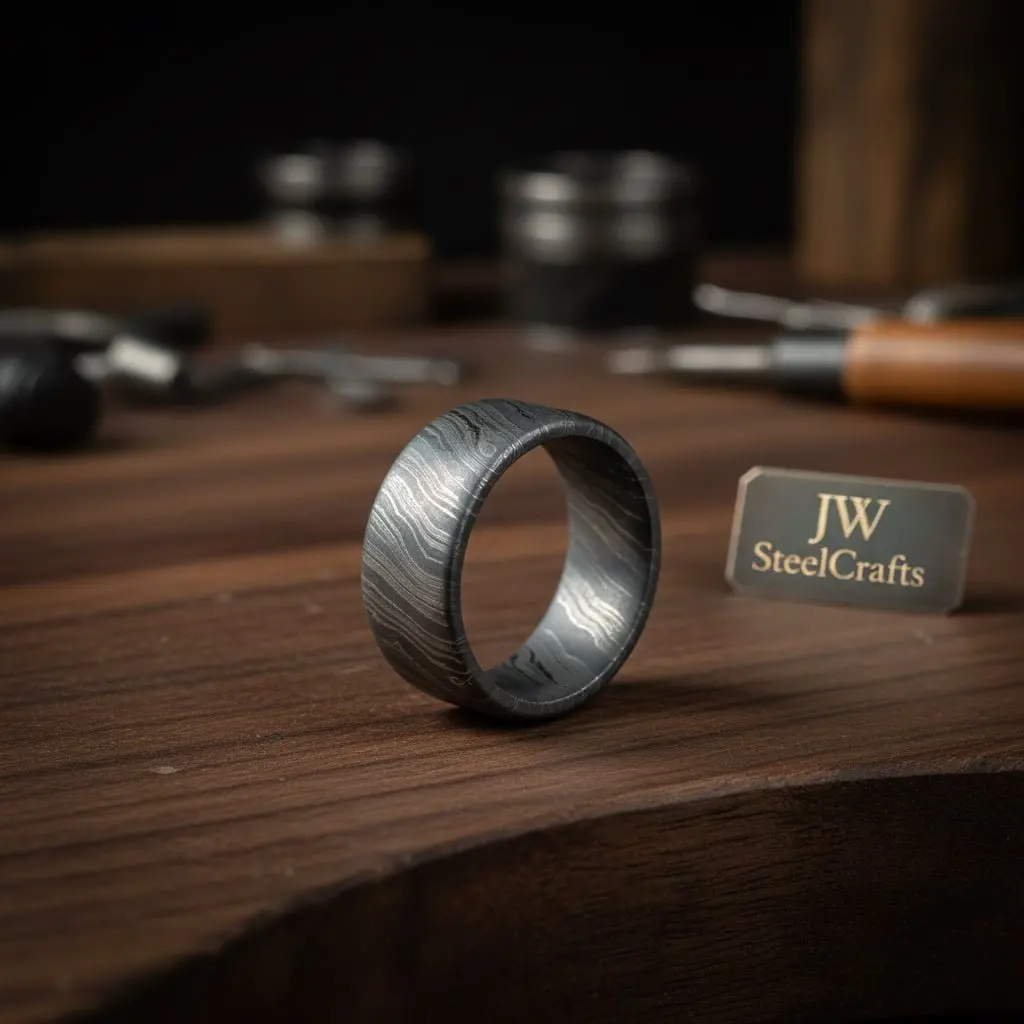 Mens Damascus Steel Wedding Band Smooth Domed Handmade Ring 1