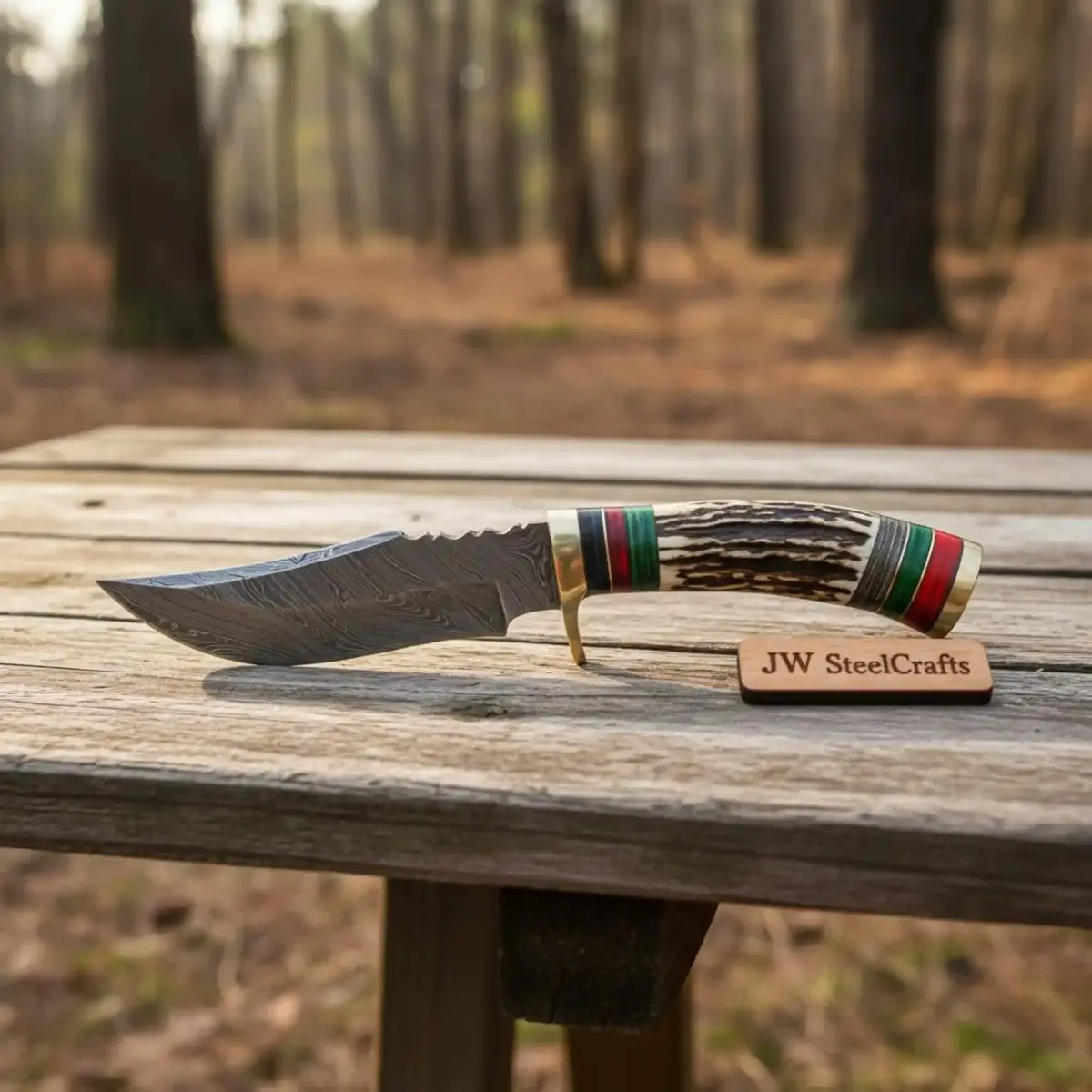 Damascus Steel Skinner Knife Deer Antler Handle Brass Guard Handmade Fixed Blade Hunting Knife 1