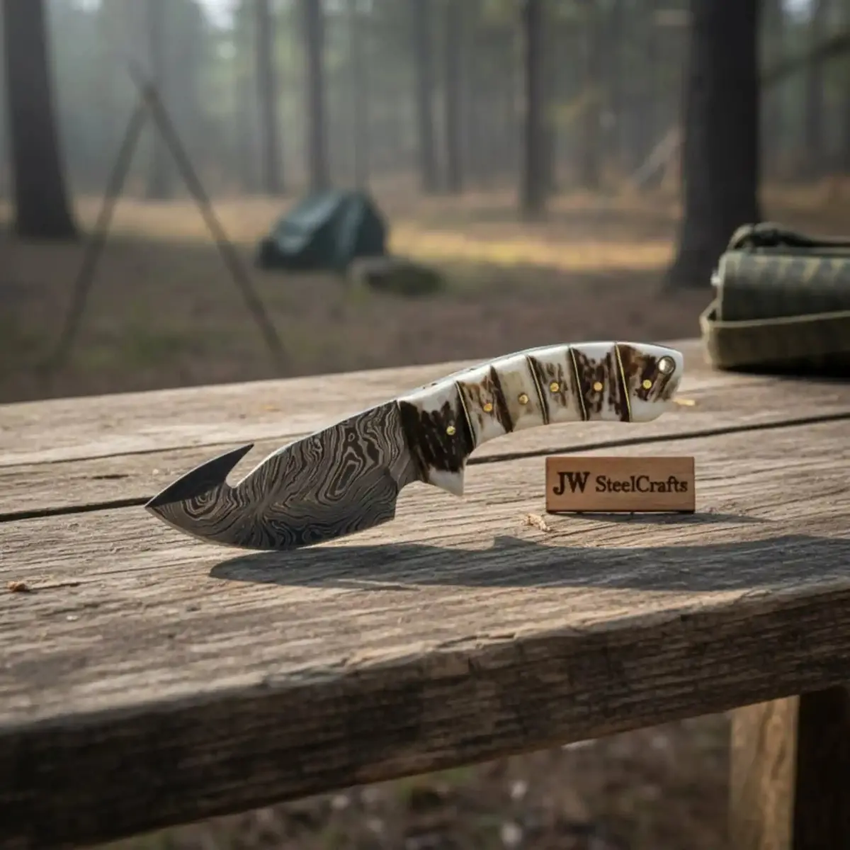 Damascus Steel Skinner Knife W/ Stag Handle And Gut Hook /Hunting Fixed Blade Knife 1