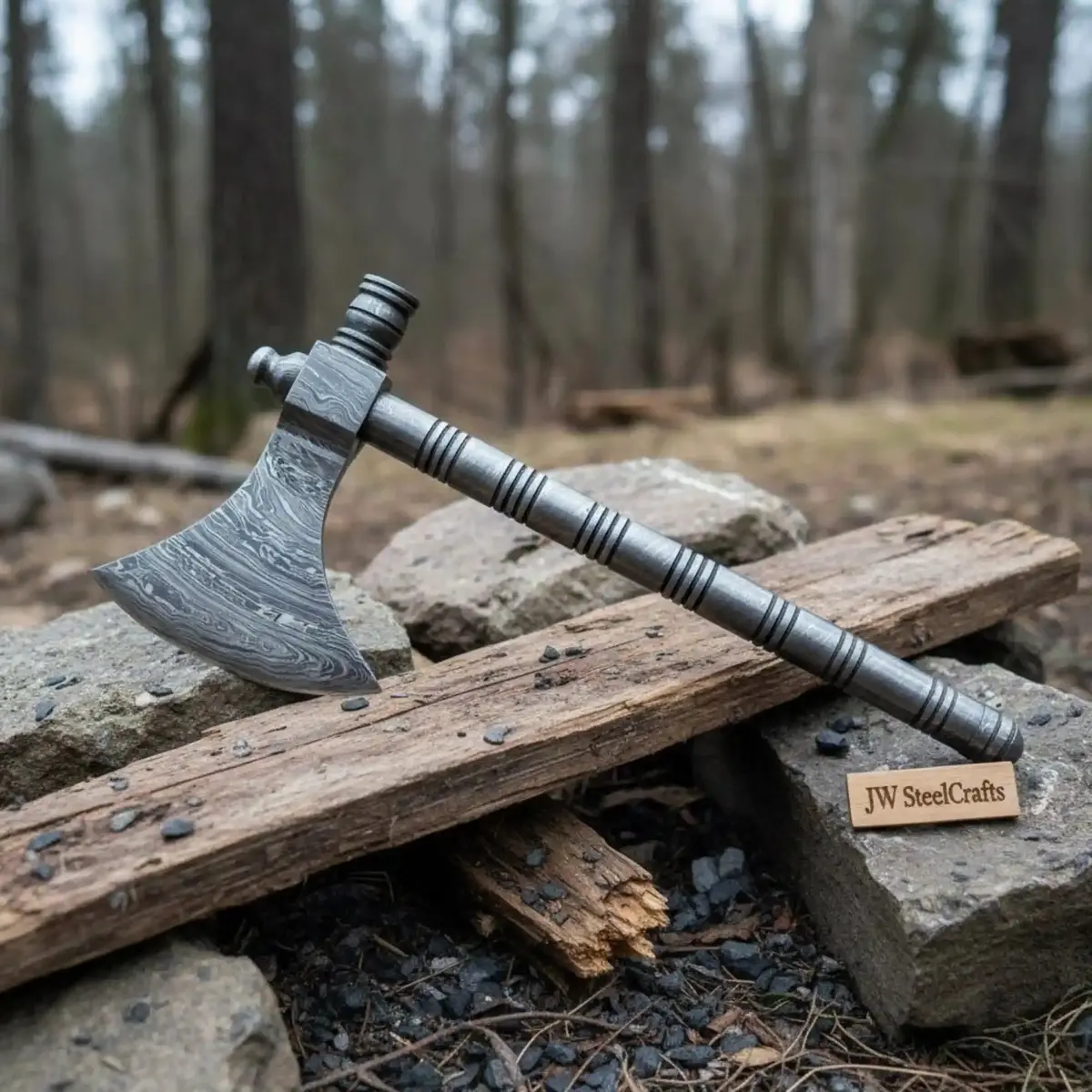 Damascus Steel Smoking Pipe Axe – Hand Forged Functional Pipe Tomahawk With Carved Hardwood Handle | Jw Steelcrafts 1