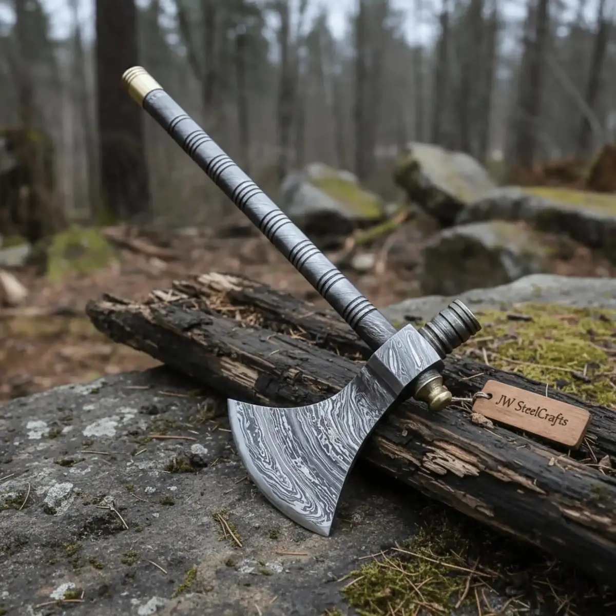 Damascus Steel Tabar Style Hand Axe With Crescent Edge And Spike | Jw Steelcrafts 1