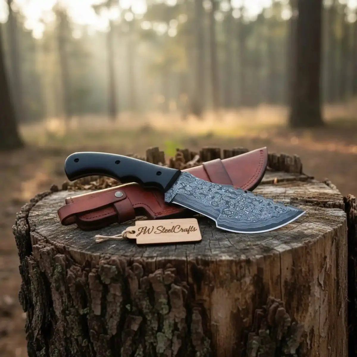 Damascus Steel Tracker Knife With Black Handle – 10 Inch Overall 1