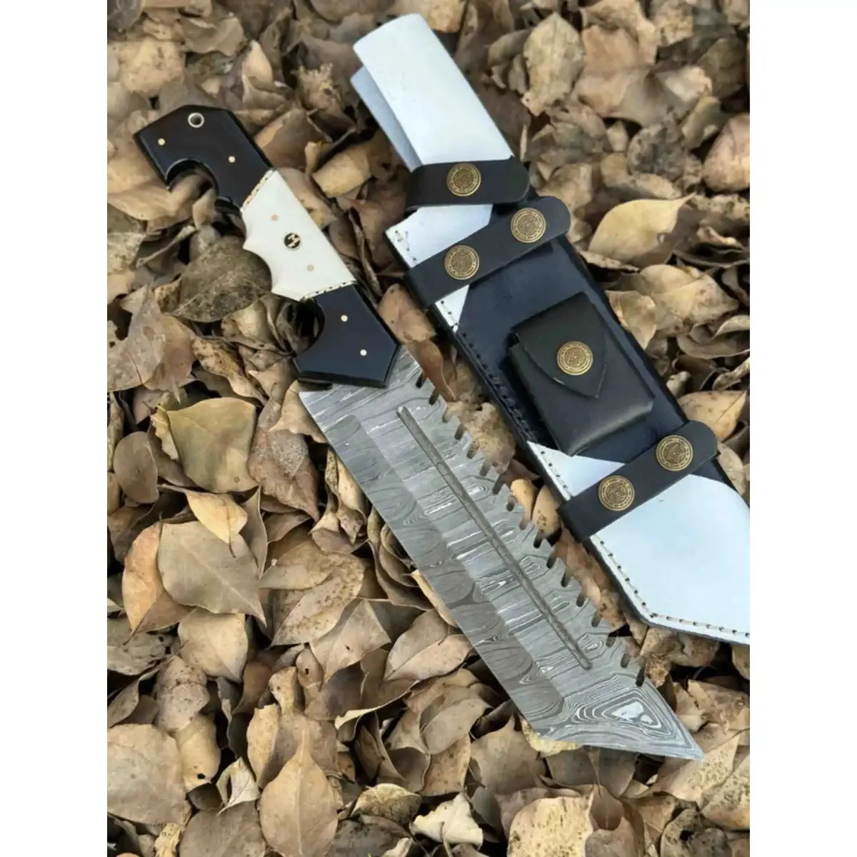 Damascus Steel Tracker Knife With Dual-Tone Bone & Black Handle | Handmade Leather Sheath 1