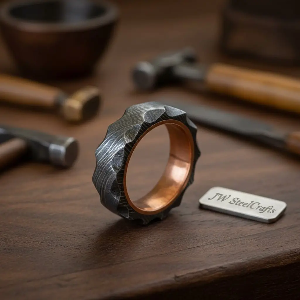 Damascus Steel Wedding Ring Hammered Texture With Copper Inner Band 1