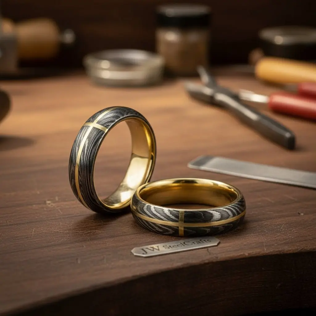 Damascus Steel Wedding Ring Set Brass Cross Inlay Couple Bands 1