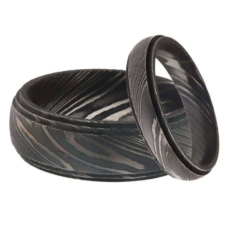 Damascus Steel Wedding Ring Set For Couples Black Pattern Wedding Bands 1
