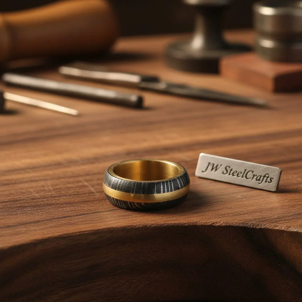 Damascus Steel Wedding Ring Twisted Pattern With Brass Inlay Band 1