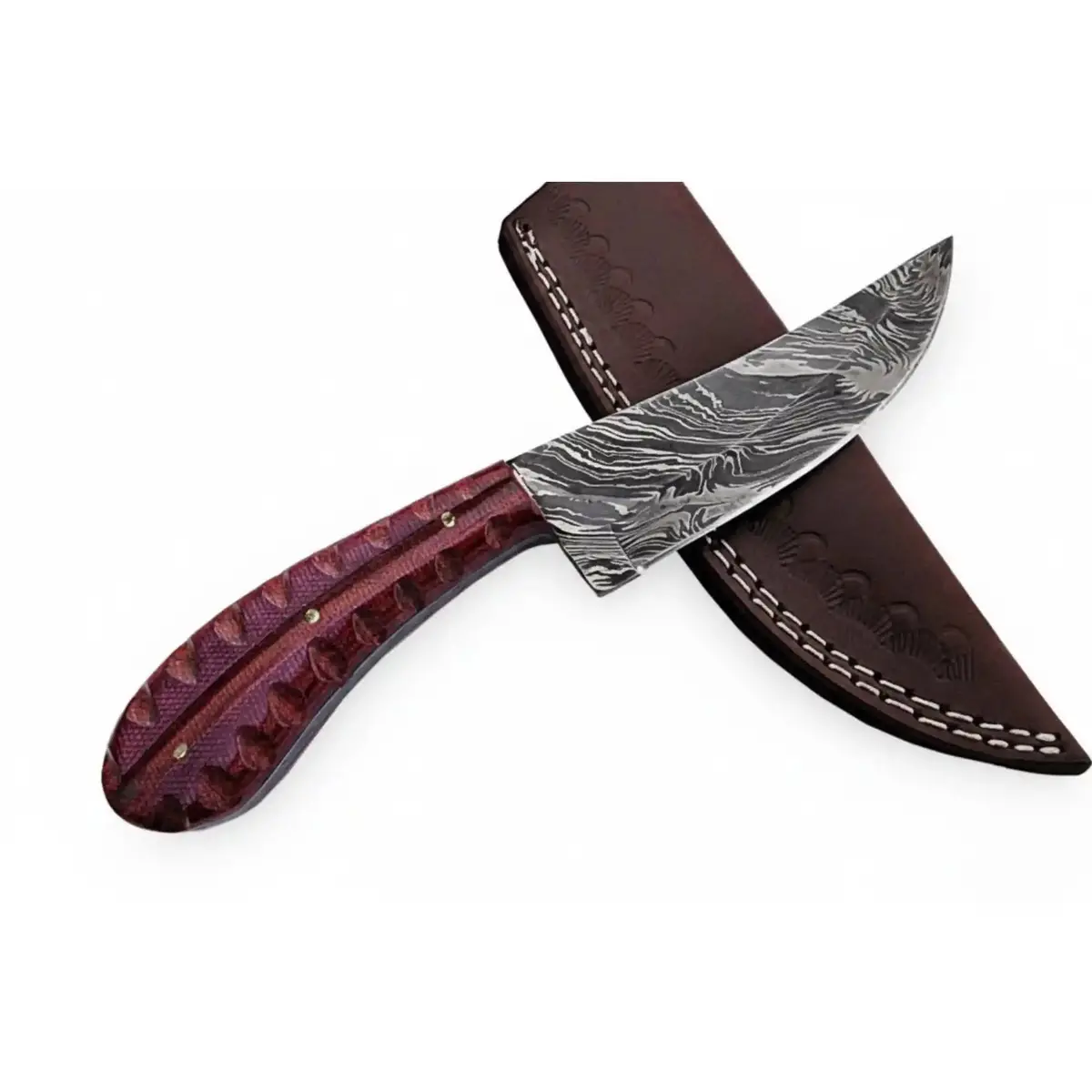 Damascus Trailing Point Skinner Knife With Red Wood Handle – 9 Inch Overall 2