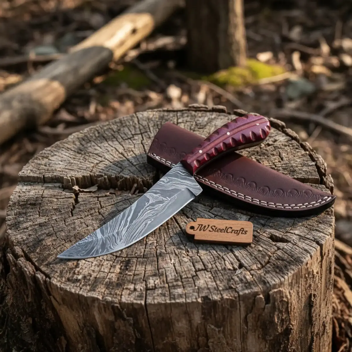 Damascus Trailing Point Skinner Knife With Red Wood Handle – 9 Inch Overall 1