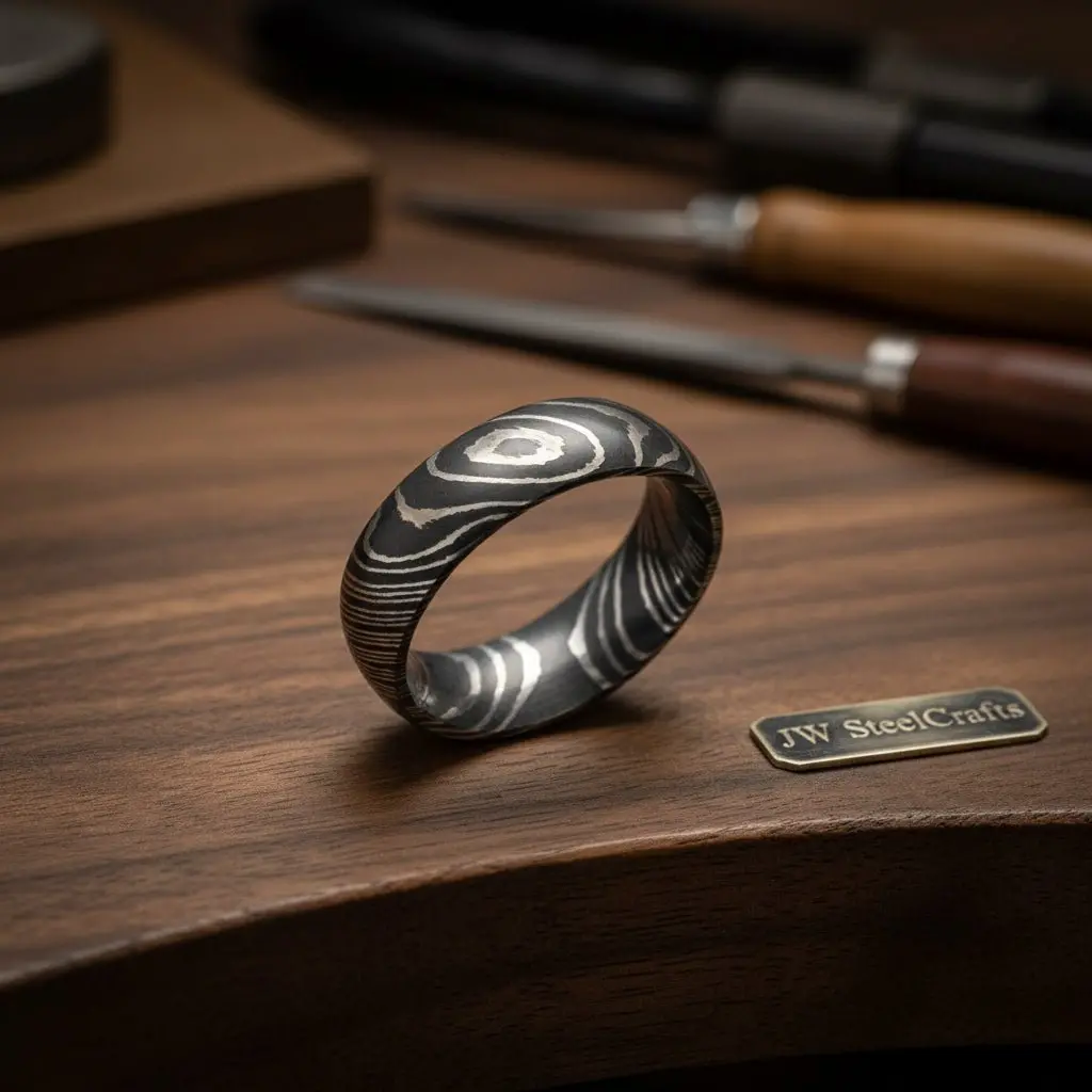 Mens Damascus Steel Wedding Band Raindrop Pattern Handmade Ring 1