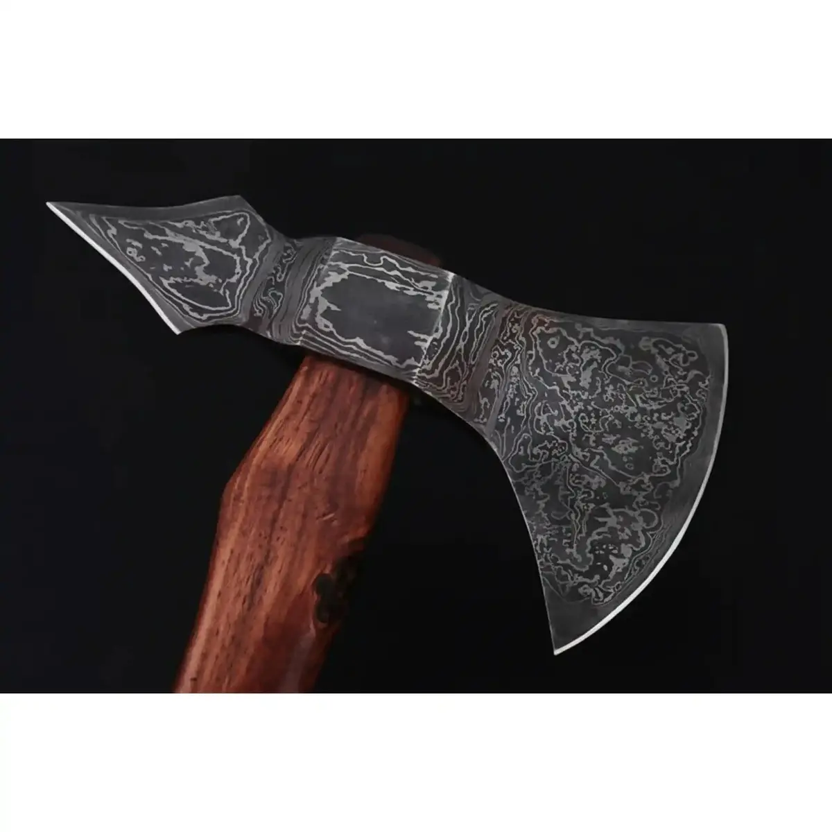 Double-Bit Damascus Axe Head With Rear Spike Variant 1