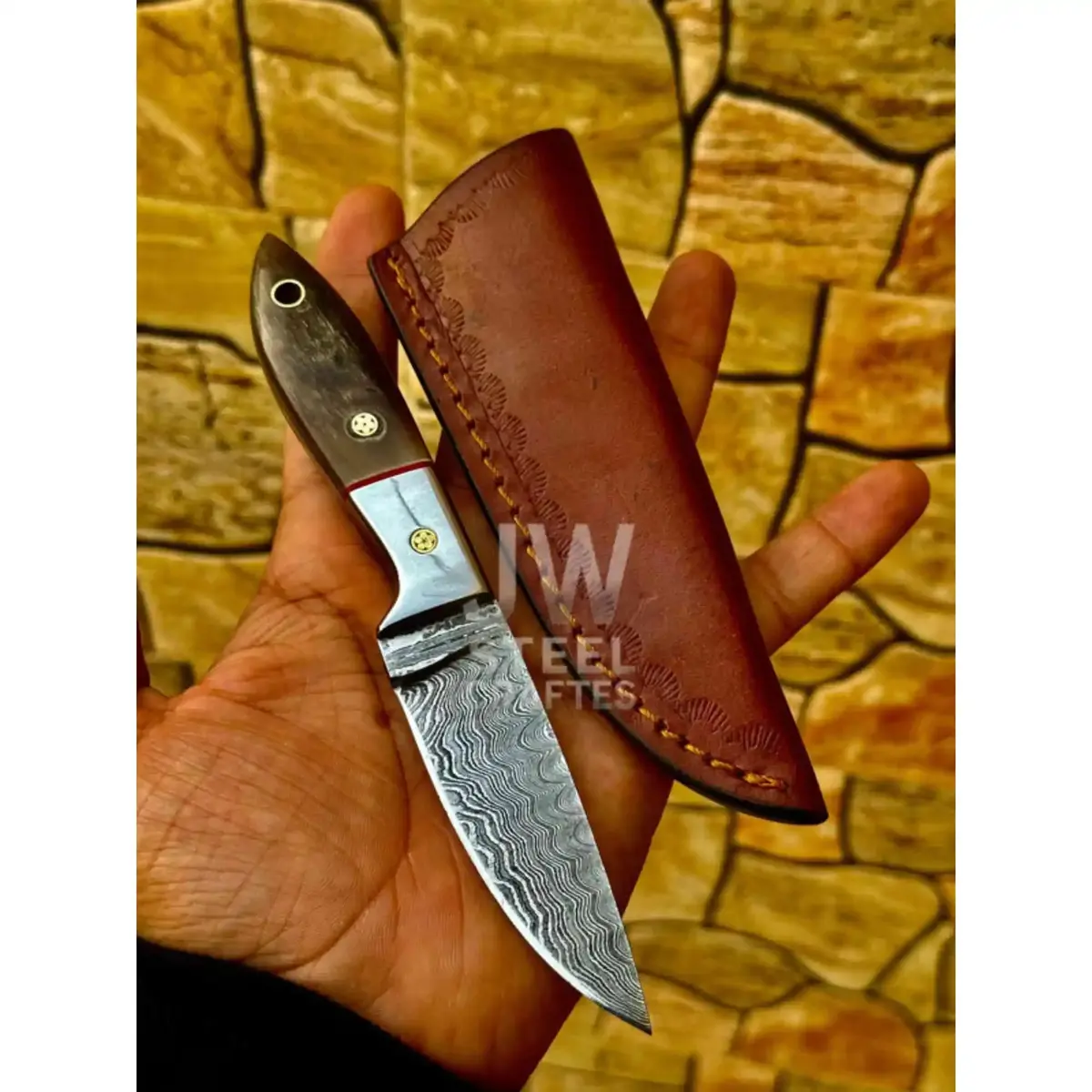 Edc Skinner Knife Damascus Steel, 6.5” Fixed Blade 1